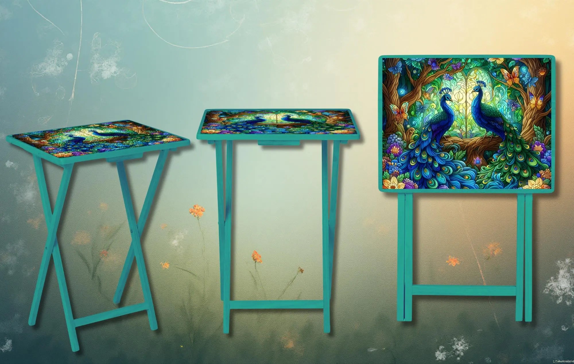 Peacock Foldable Wooden TV Tray or Bed tray/lap Desk. Make snack time fabulous with peacock‑level confidence, 2 Sizes and Multiple Images Available.