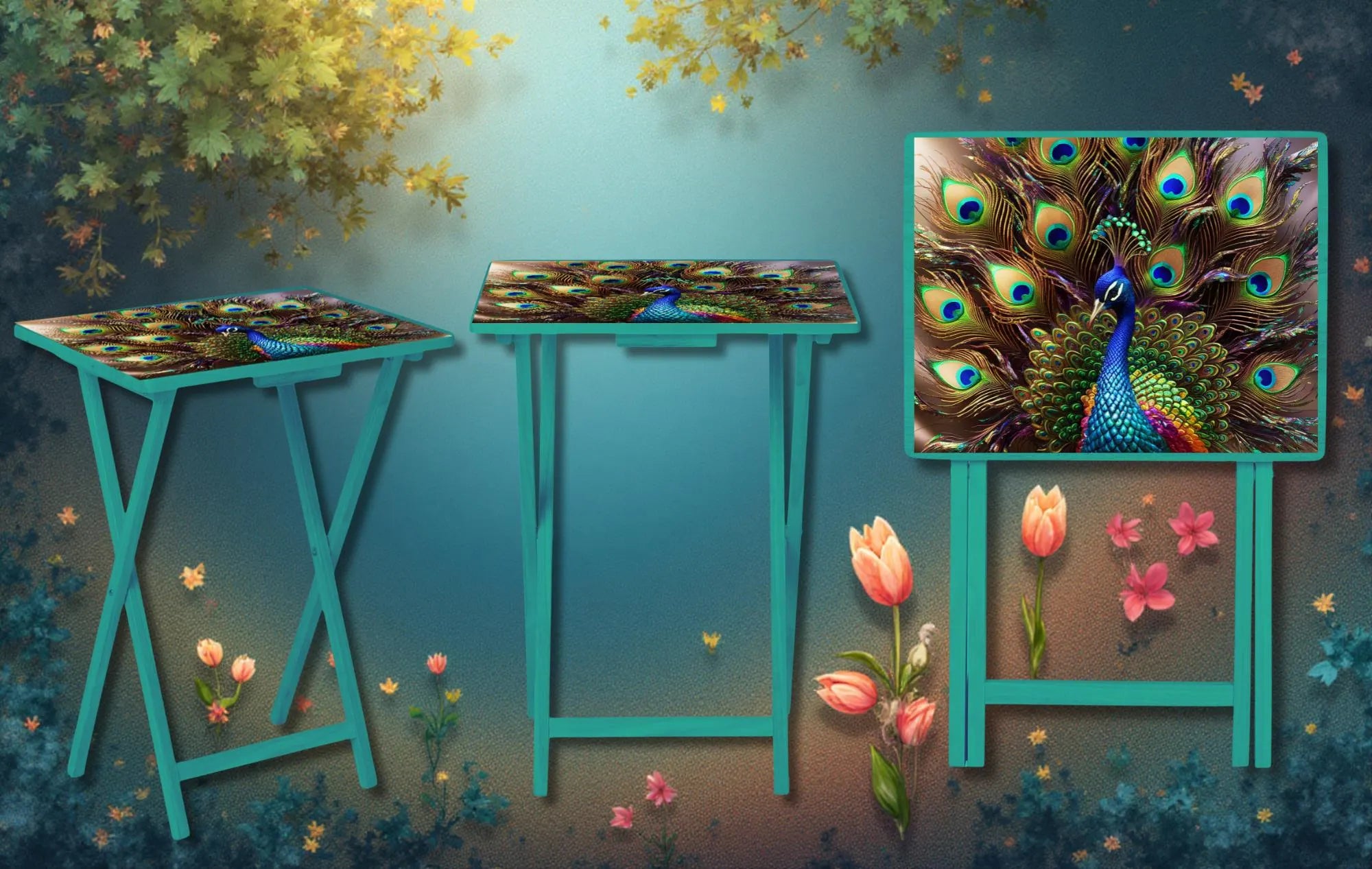 Peacock Foldable Wooden TV Tray or Bed tray/lap Desk. Make snack time fabulous with peacock‑level confidence, 2 Sizes and Multiple Images Available.