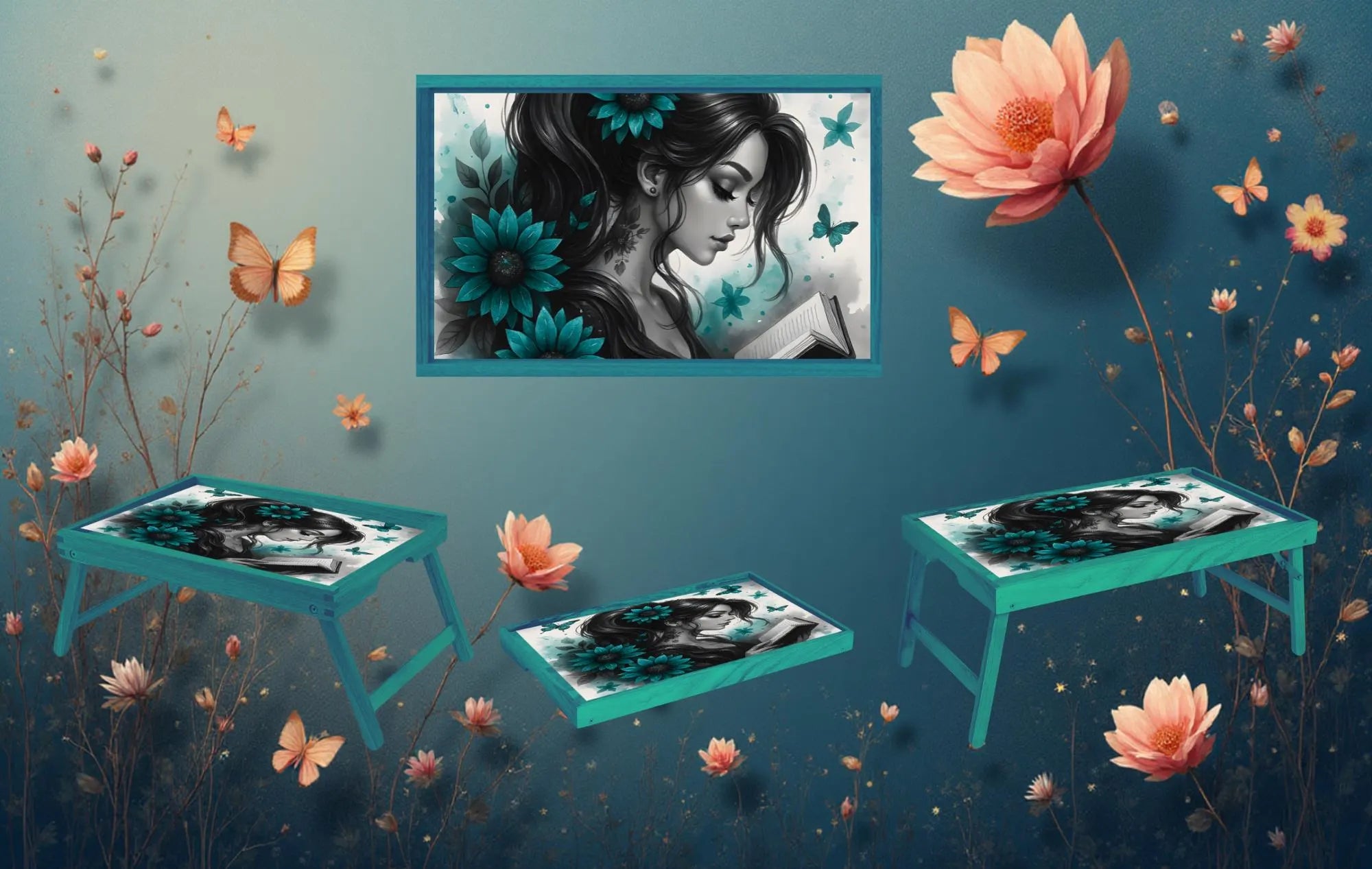 Once Upon a Snack Folding Tray. Books Foldable Wooden TV Tray or Bed tray/lap Desk, 2 Sizes and Multiple Images Available.