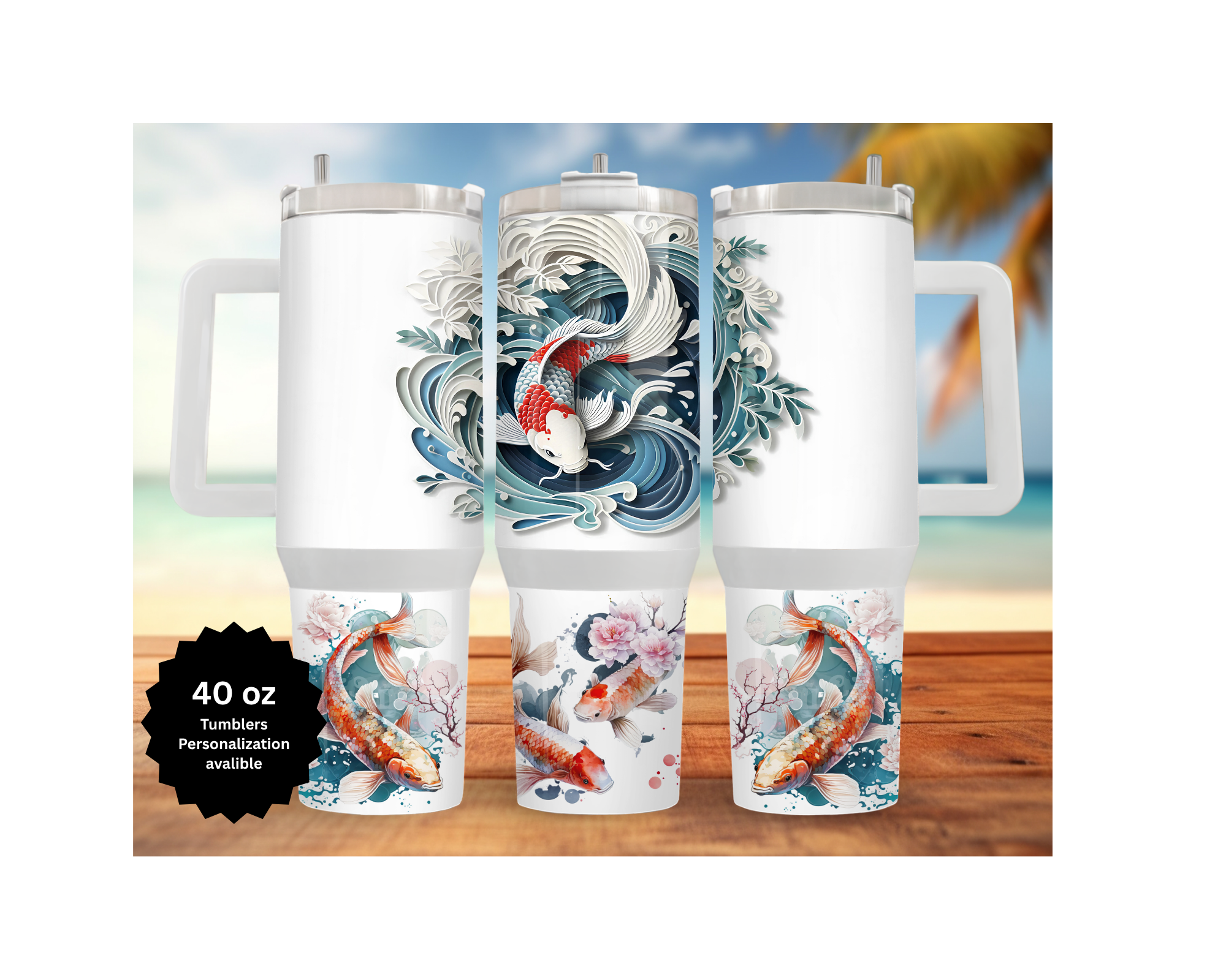 Koi Fish 30 and 40 oz Stainless-Steel Tumblers. Multiple Images Available.
