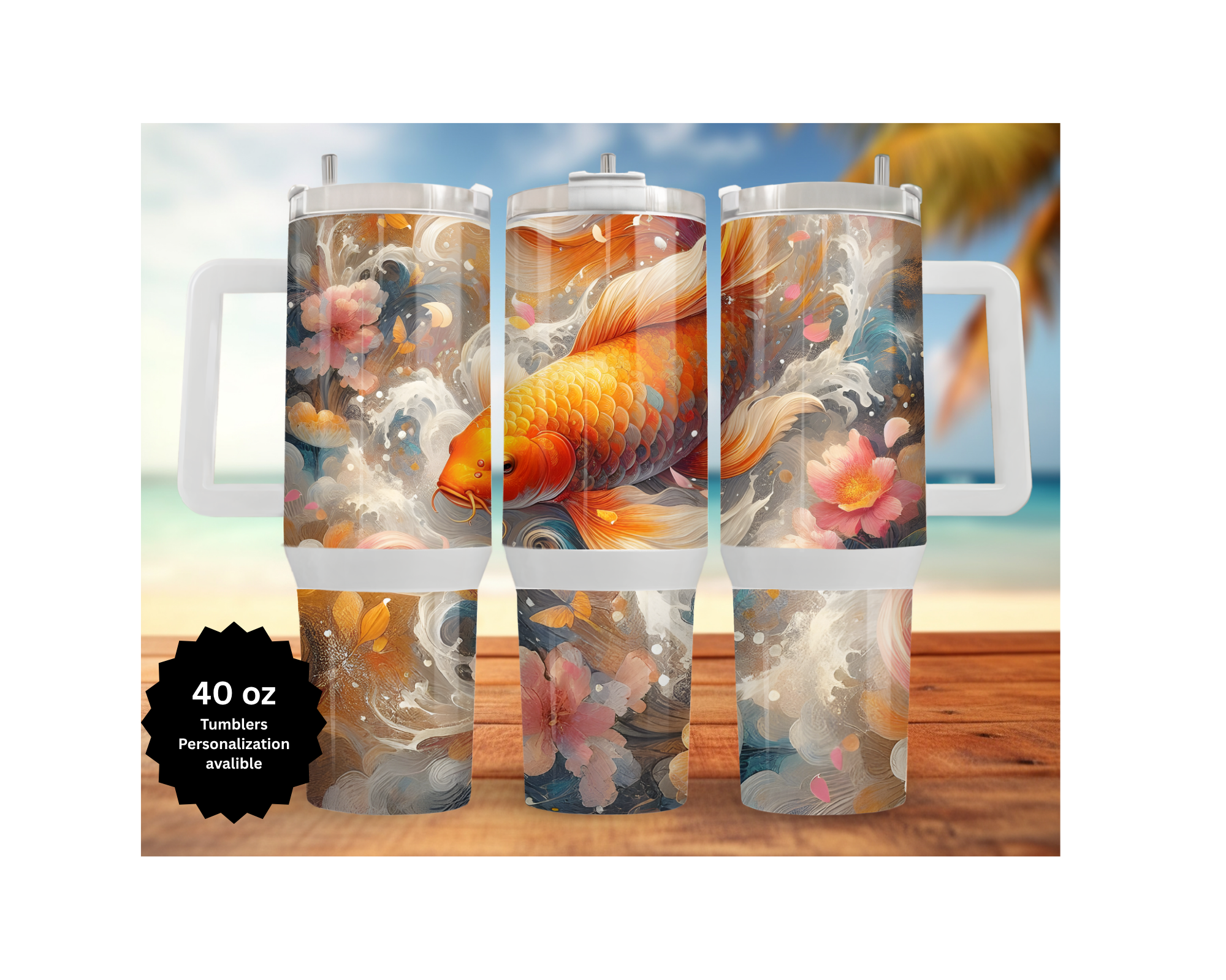 Koi Fish 30 and 40 oz Stainless-Steel Tumblers. Multiple Images Available.