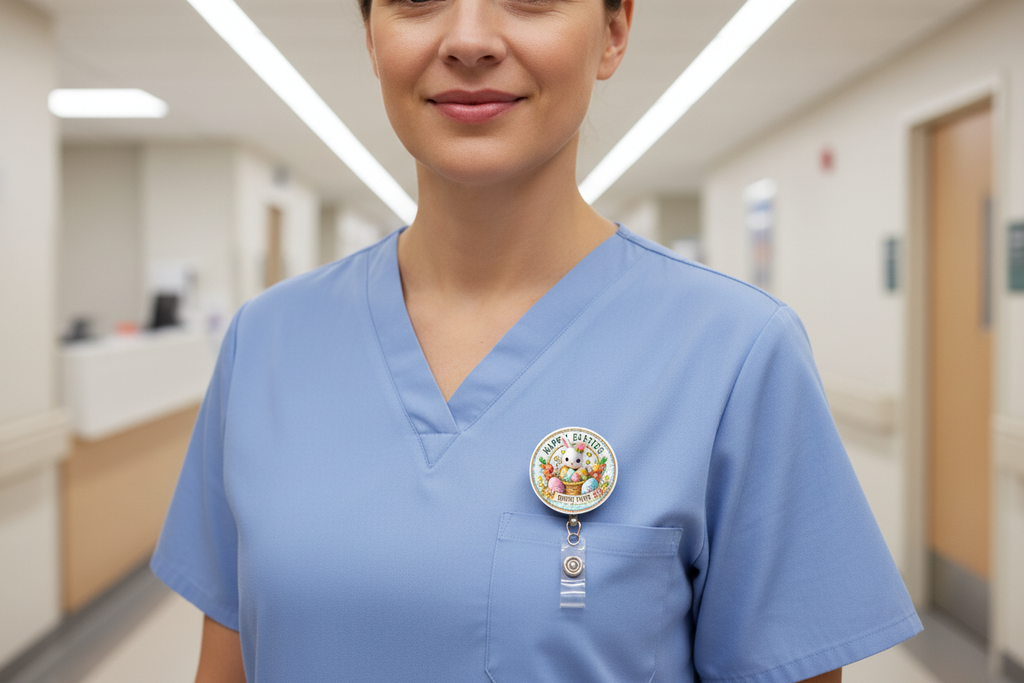 Medical professional wearing Easter Badge Pull