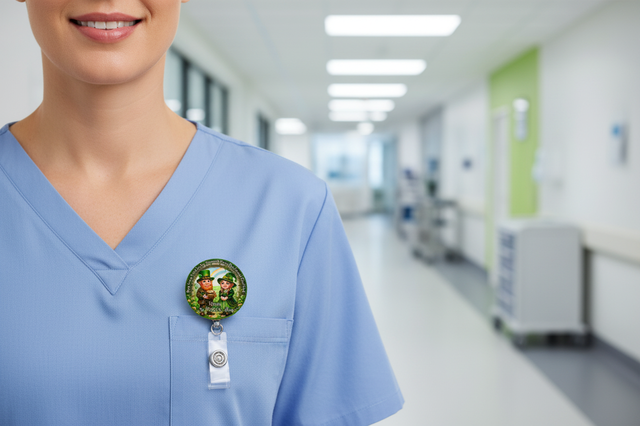 Medical professional wearing Lucky Charm Badge Pull