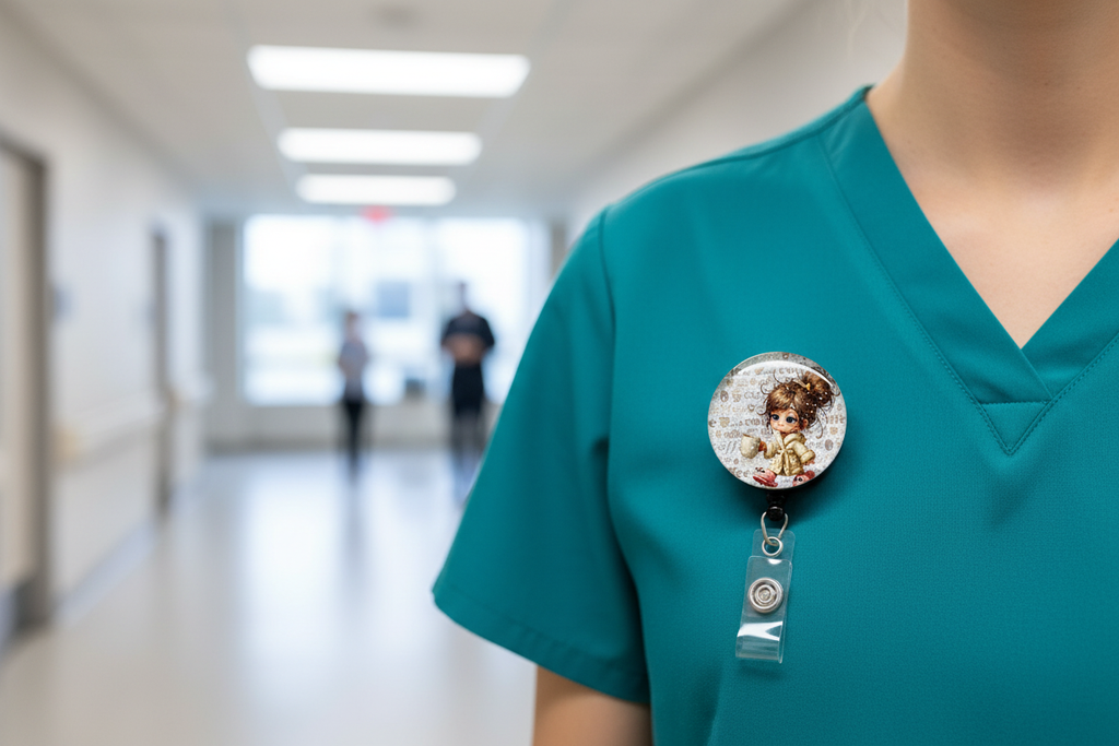 Medical professional wearing Rise & Grind Badge Pull