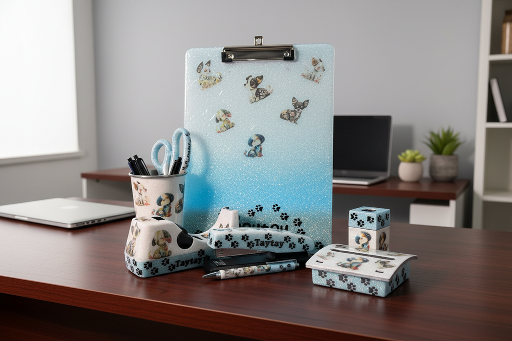 Puppy Love Glitter Desk Set in office setting