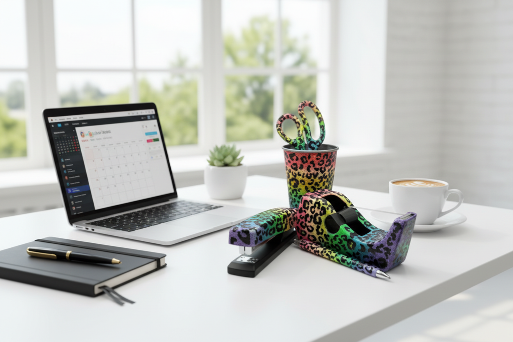 Rainbow Cheetah print Glitter Desk Accessories on office desk