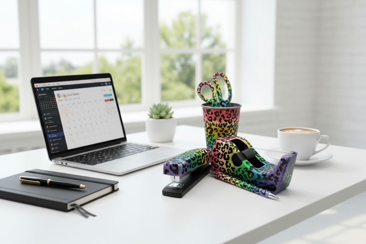 Rainbow Cheetah print Glitter Desk Accessories on office desk