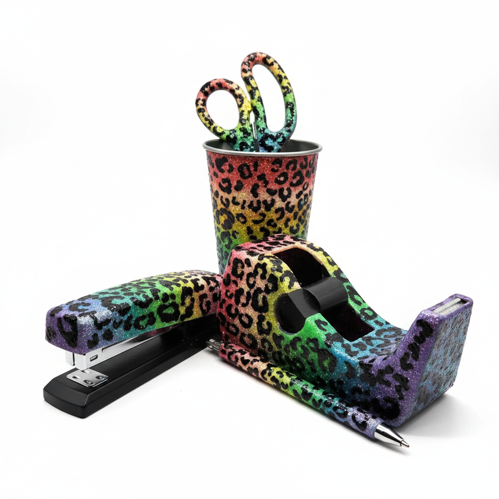 Rainbow Cheetah print Glitter Desk Accessories