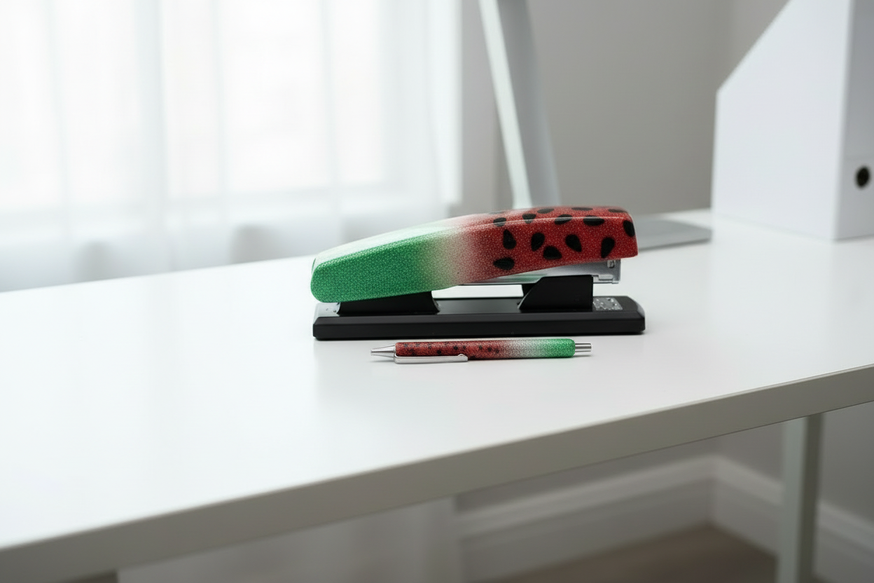 Watermelon pen and stapler on office desk